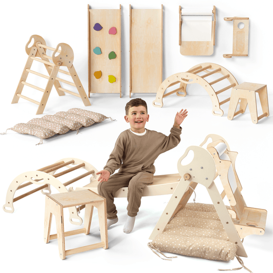 Montessori 5in1 Kletterdreieck für Babys: Pikler-Dreieck, Kletterbogen, Kunst-Erweiterung ,Rutschbrett und Kissen für Kleinkinder (1–3 Jahre)